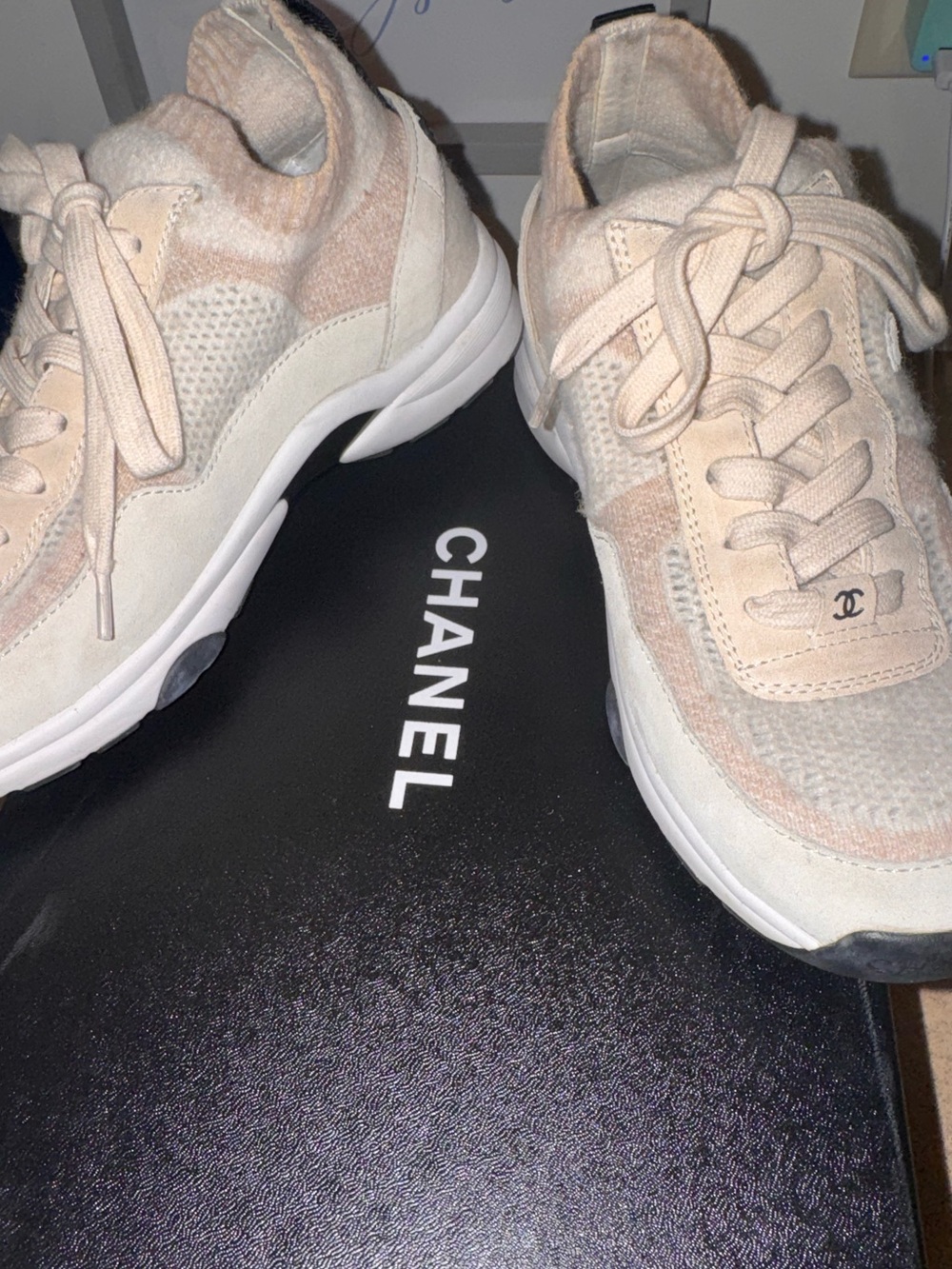 Chanel Knit Fabric Suede Calfskin Womens CC Sneakers - Picture 4 of 6